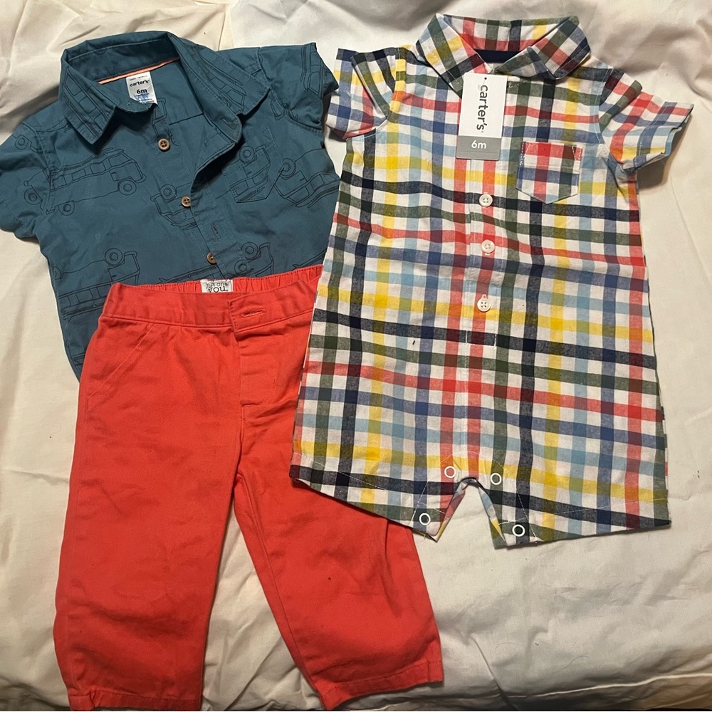 Carters romper NWT Sz 6 month / Carters cotton button up shirt with pants